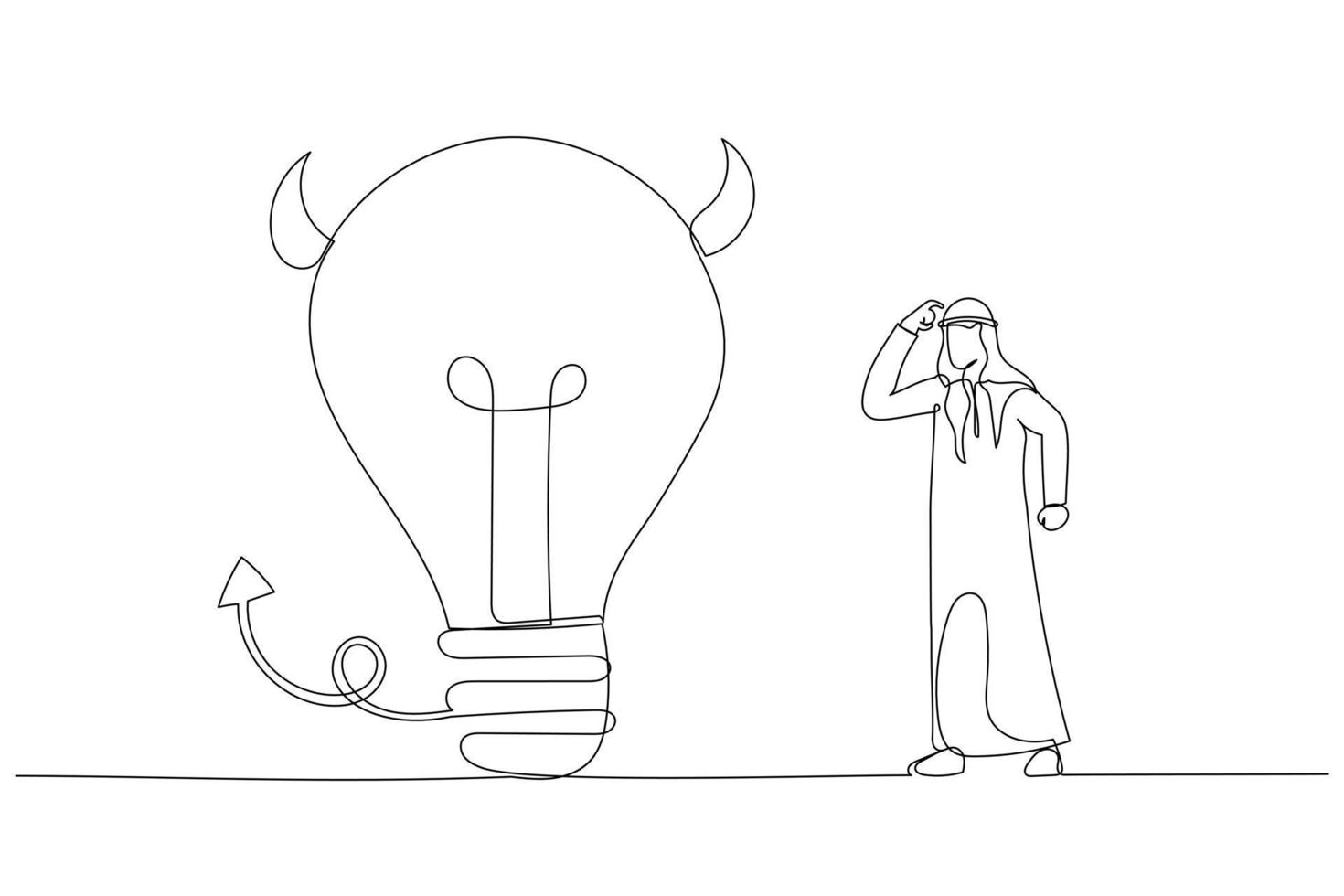 Drawing of arab businessman looking at devil lightbulb doubting it bad idea. Stupid mistake or poor idea. Single continuous line art style vector