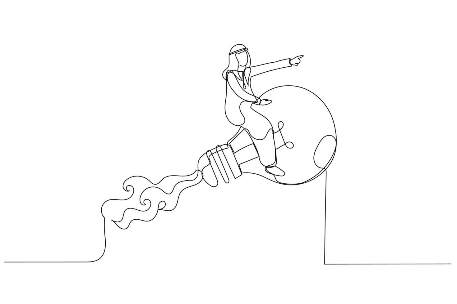 Drawing of arab businessman leader riding flying bright lightbulb lamp with rocket booster in the cloud sky. Creative new idea. Single continuous line art style vector