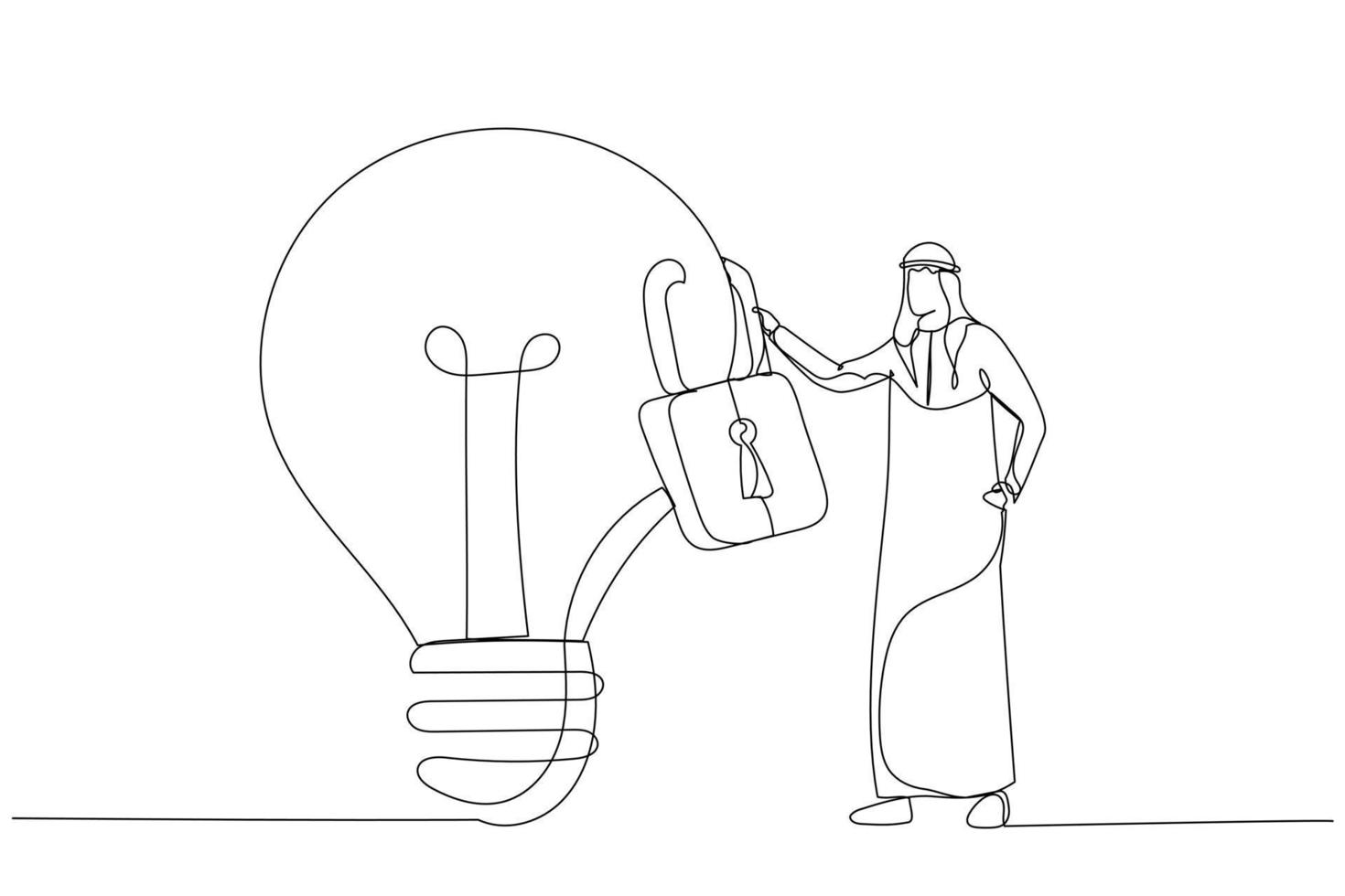 Cartoon of arab businessman owner standing with light bulb idea locked with padlock for patents. Intellectual property. Single line art style vector
