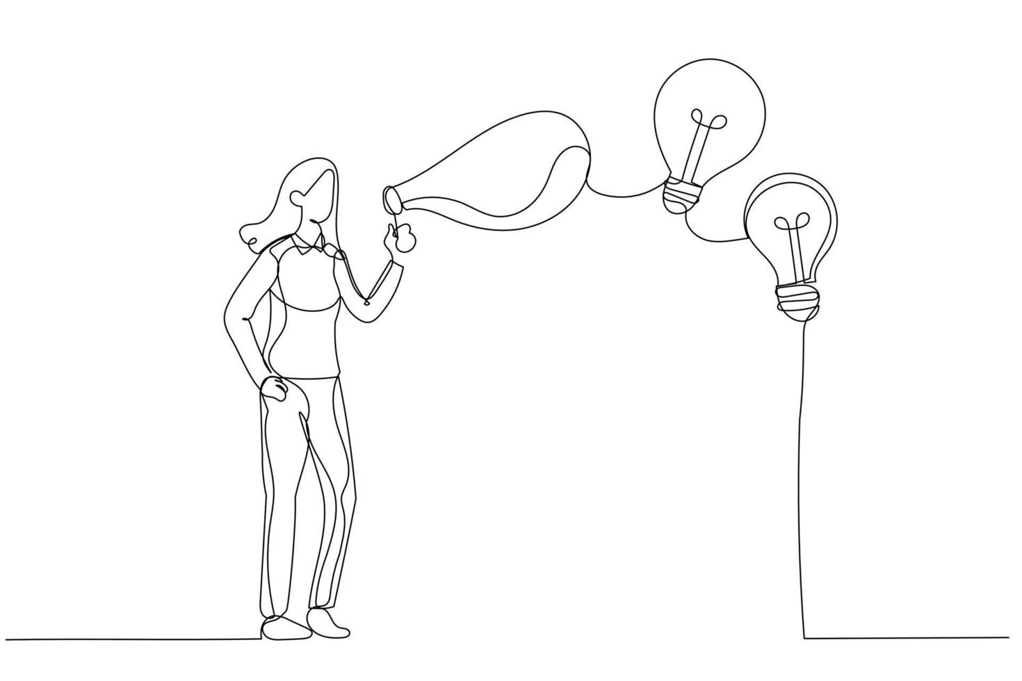 Cartoon of businesswoman blowing soap bubble into innovation bright light bulb ideas metaphor of creativity. Single continuous line art style vector