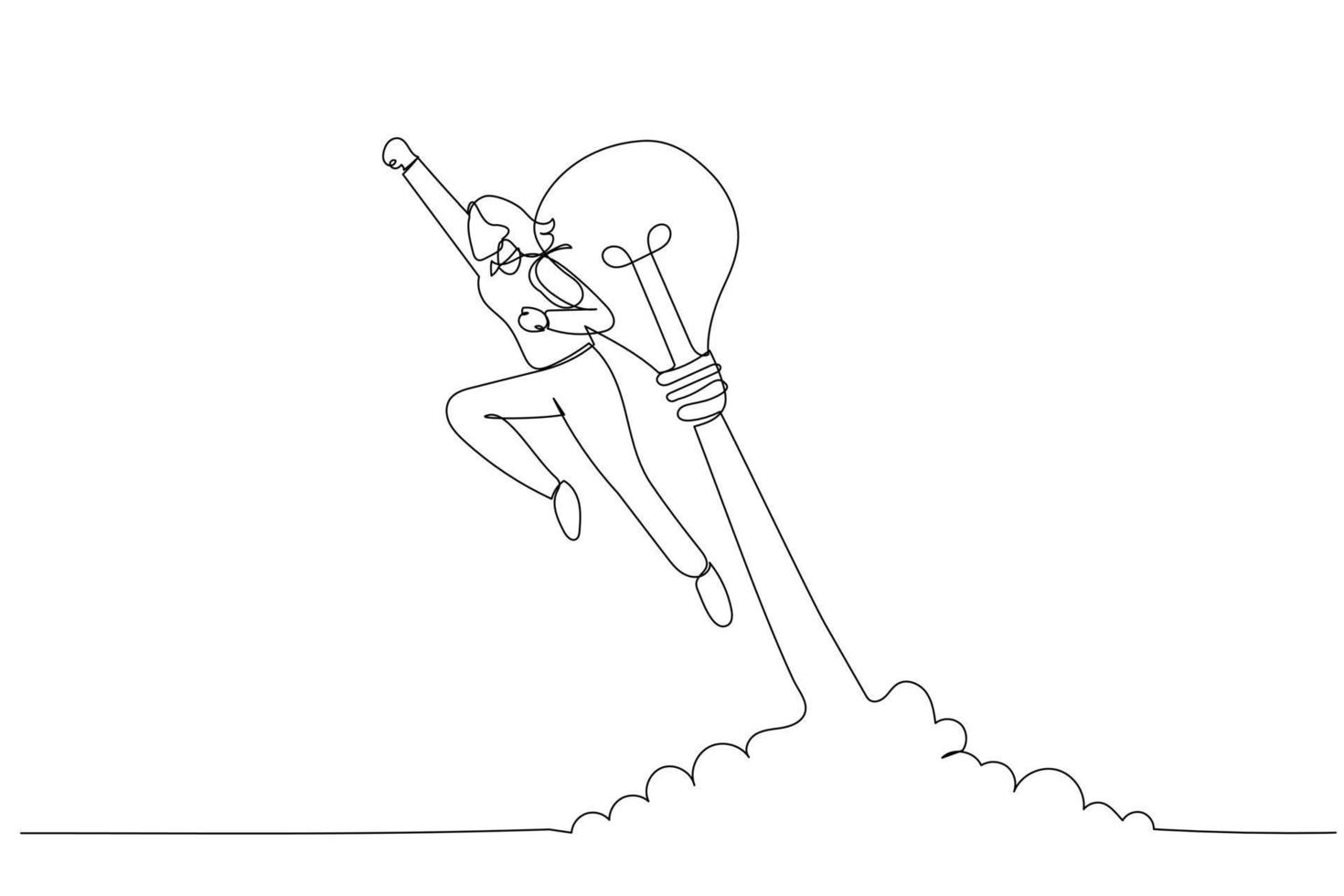 Cartoon of businesswoman launch himself with lightbulb concept of idea rocket. Continuous line art vector