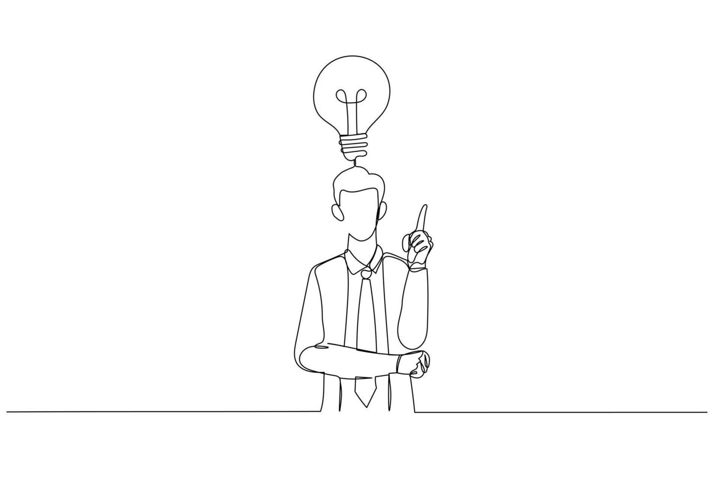 Cartoon of amazed businessman pointing finger up expressing wow eureka. One line style art vector