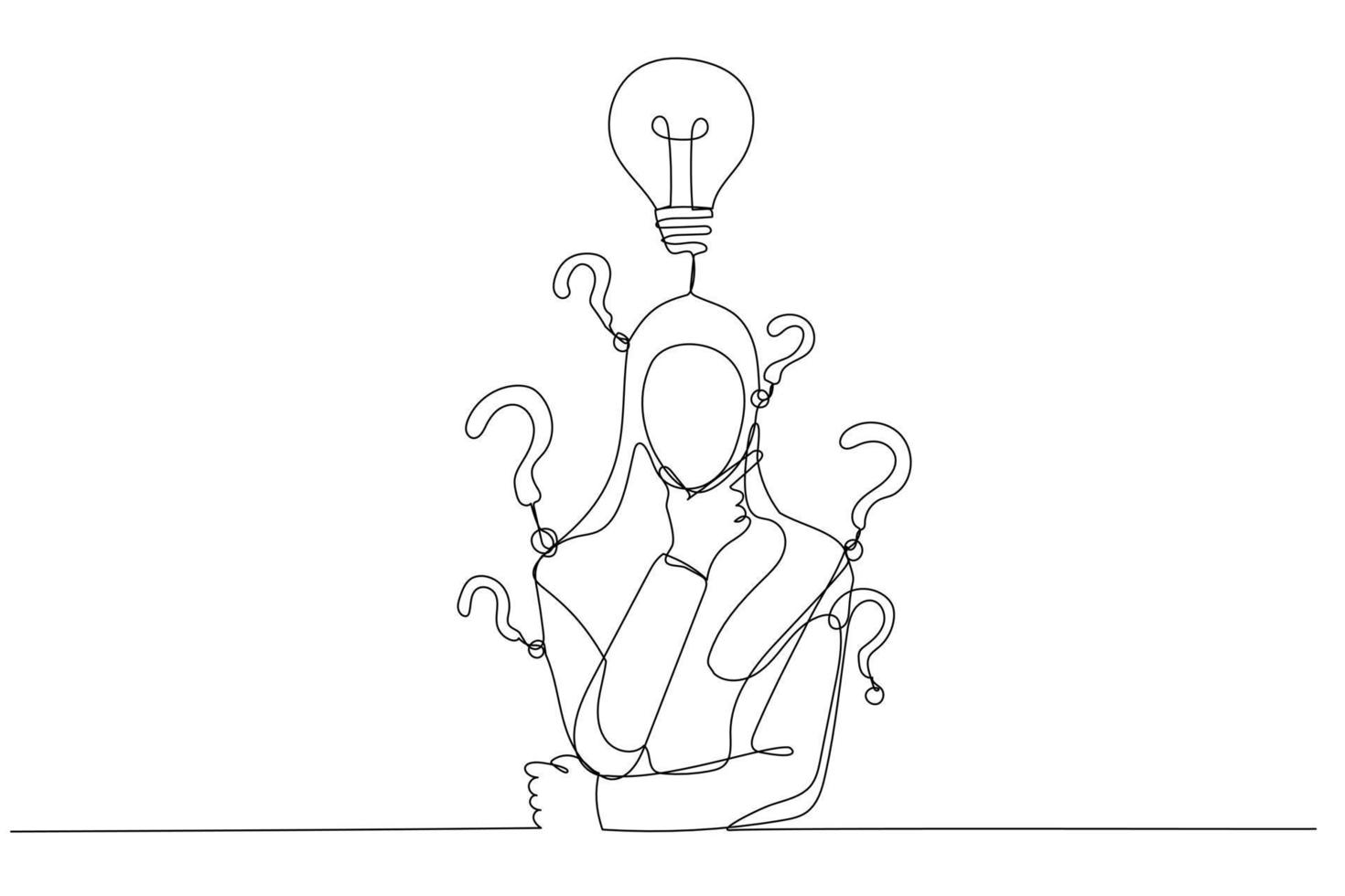 Illustration of muslim businesswoman with question mark and lamp. Single line art style vector