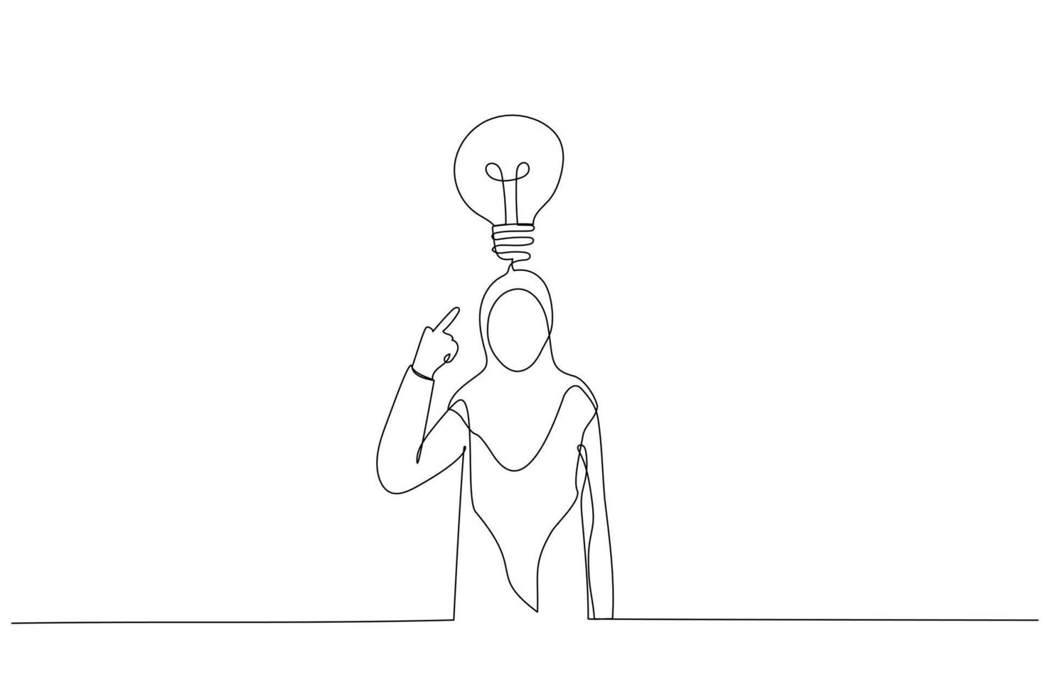 Cartoon of muslim businesswoman pointing to head with one finger found and remember idea. One line style art vector