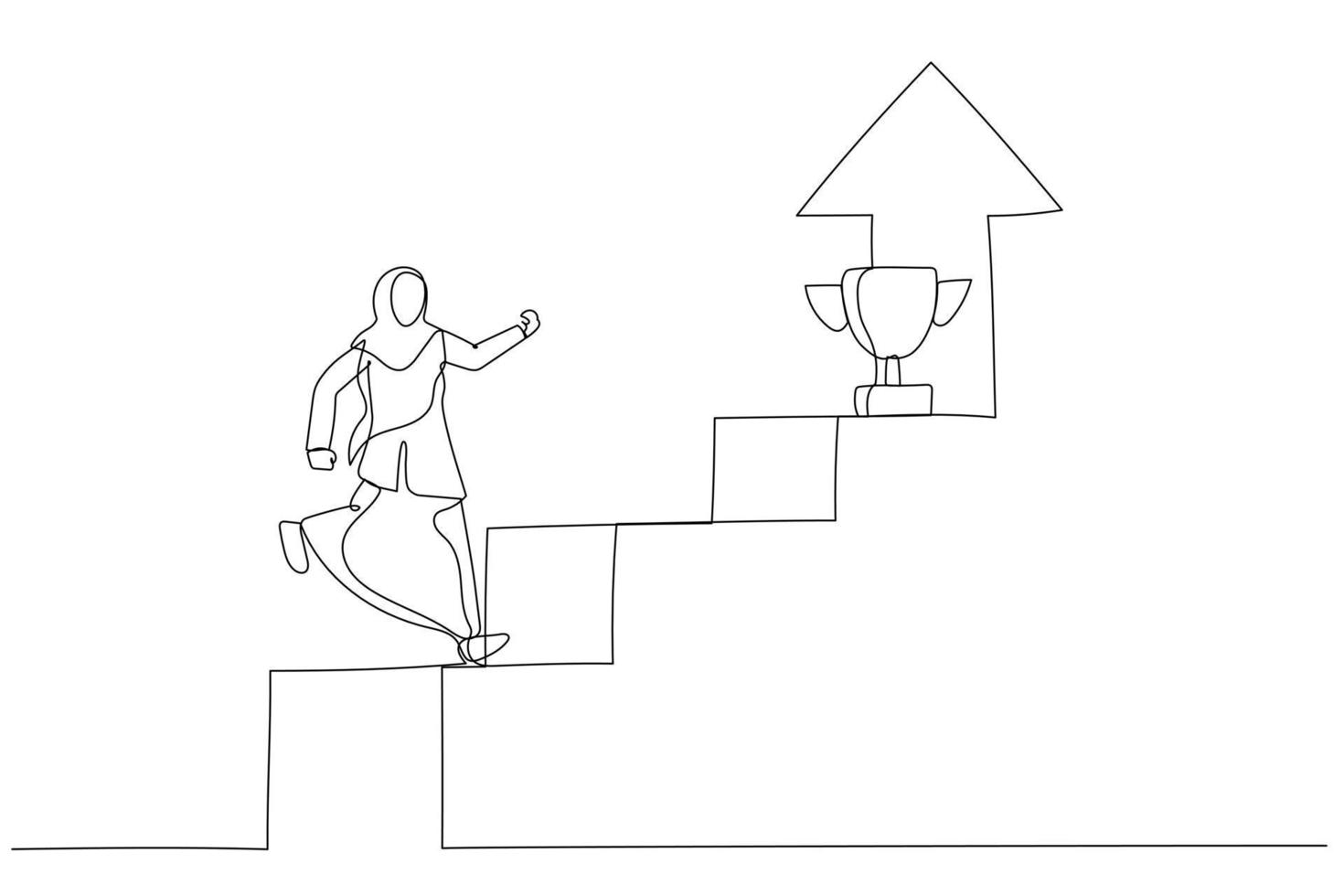 Illustration of muslim businesswoman walking up staircase with rising arrow into high sky to find winning trophy. One line art style vector