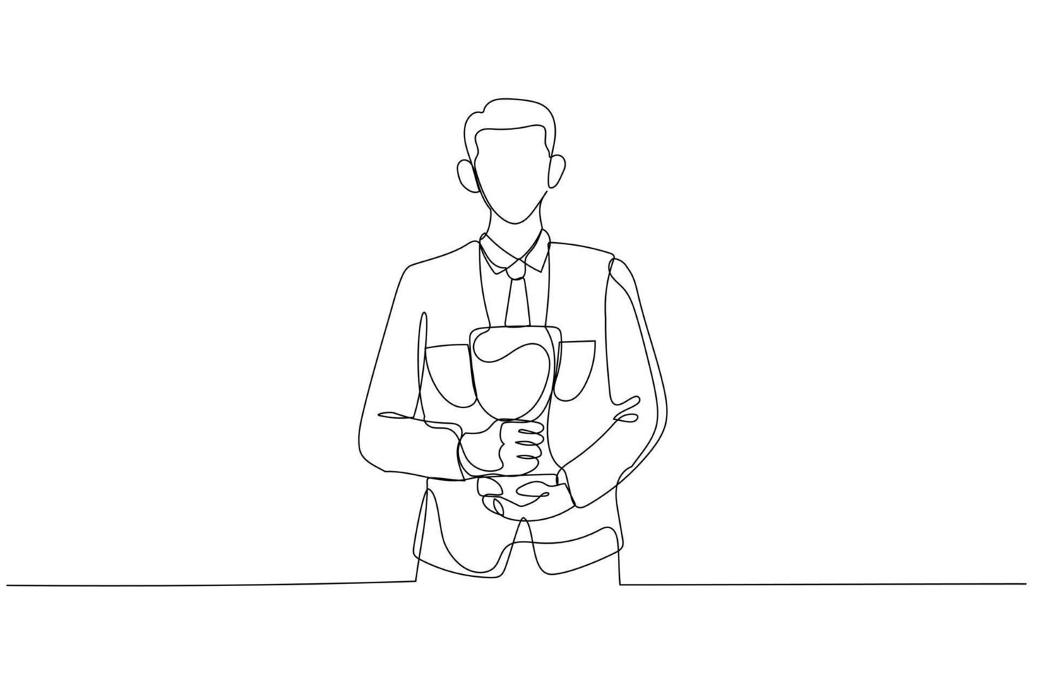Illustration of businessman standing with trophy in hand flexing for success. Single continuous line art style vector