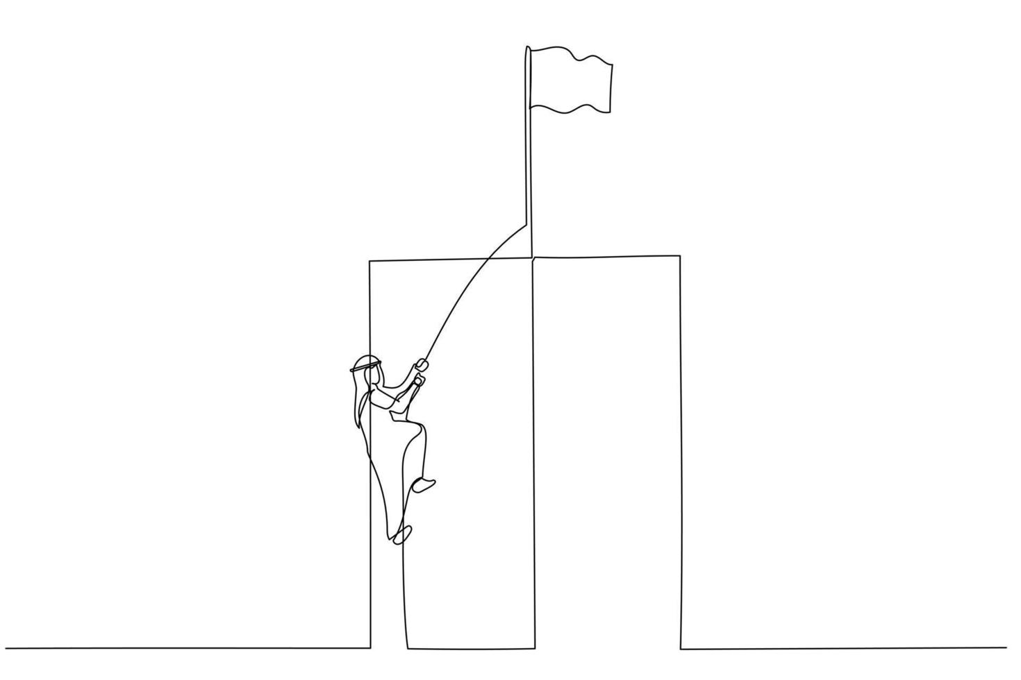 Drawing of arab man climbing a cliff on a rope concept of career growth. Single continuous line art style vector