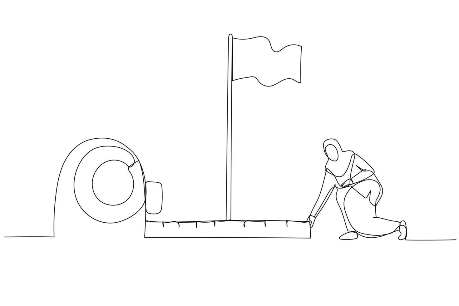 Drawing of muslim business woman using measuring tape to analyze distance from target flag. One line art style vector