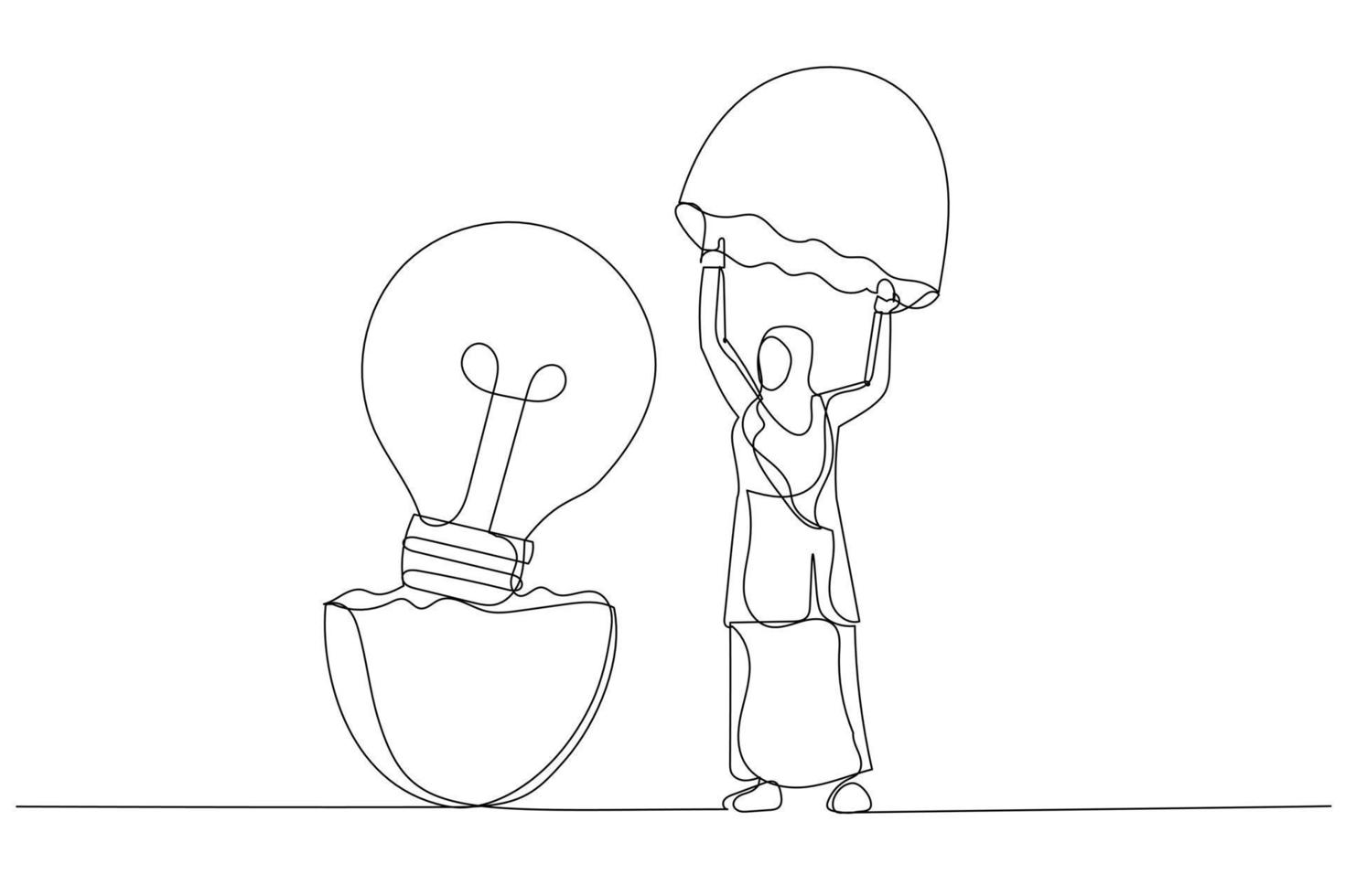 Illustration of muslim businesswoman entrepreneur discover hatching egg with lightbulb idea inside. New creative idea. One line art style vector