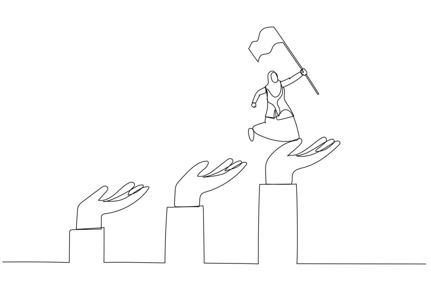 Drawing of muslim business woman jumping up giant hand growth ladder concept of progress. One line art style vector