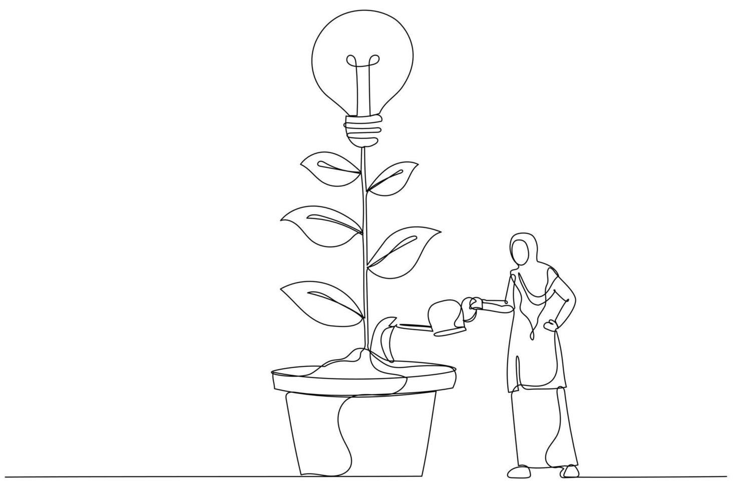 Cartoon of muslim businesswoman watering growing tree with lightbulb. People working together. Single line art style vector