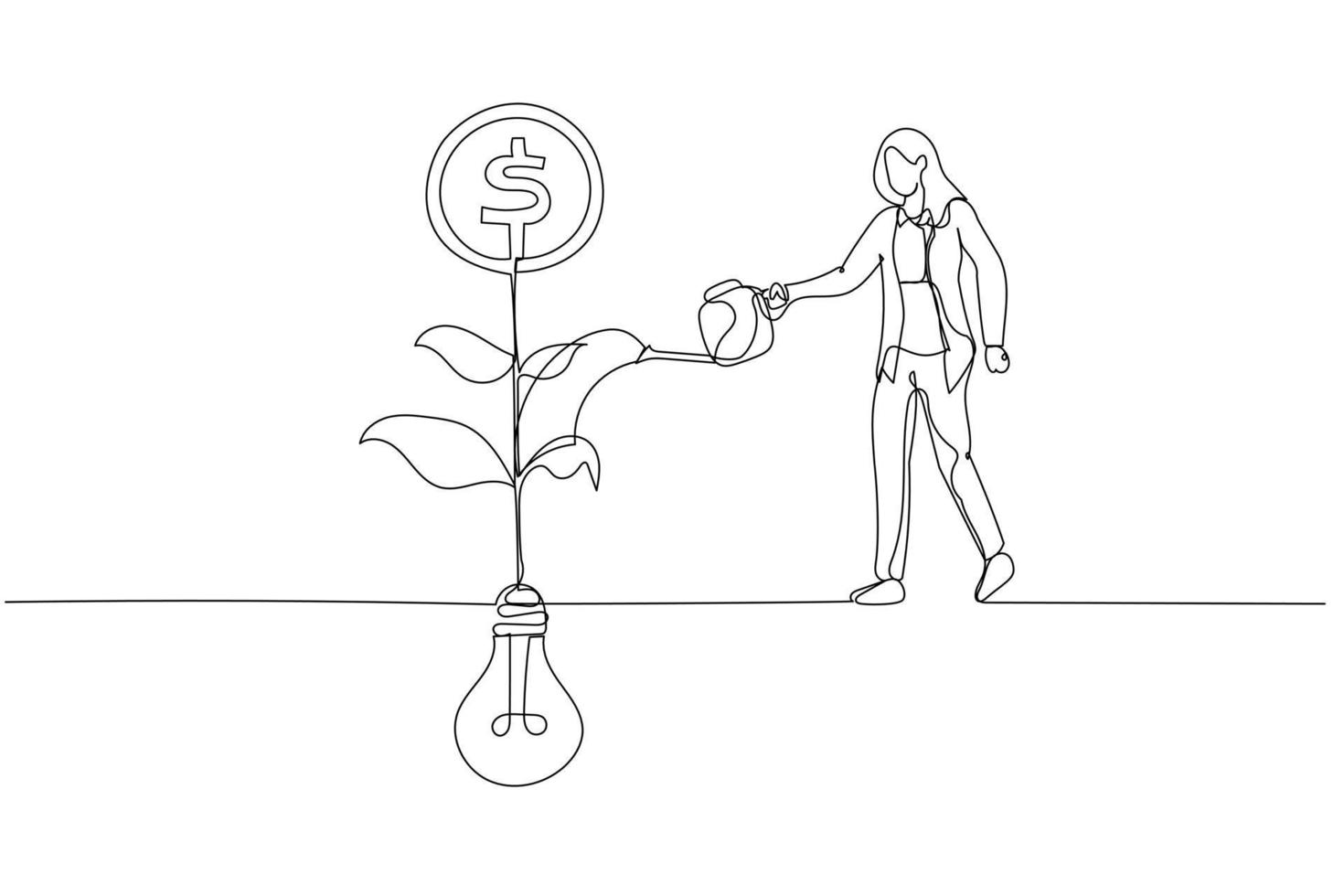 Cartoon of businesswoman watering on growing money coin seedling plant from lightbulb idea metaphor of monetize idea. Single continuous line art style vector