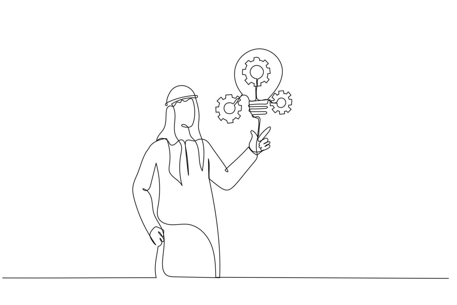 dibujo de un hombre de negocios musulmán árabe que presenta una bombilla innovadora con engranajes y engranajes concepto de innovación. estilo de arte de una línea vector