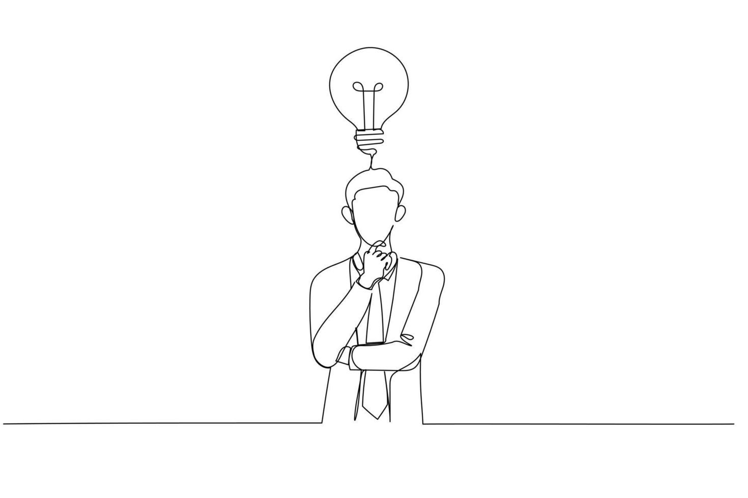 Cartoon of waist up portrait businessman making plan hold hand on chin and looking up thoughtful. One continuous line art style vector