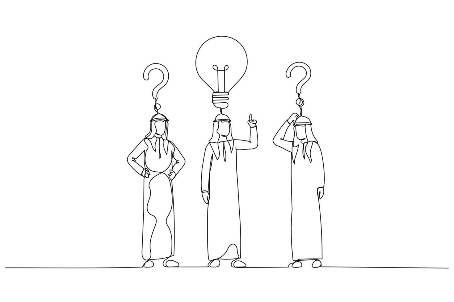 Illustration of arab muslim businessman with question sings and lamp idea concept of find right decision. Continuous line art style vector