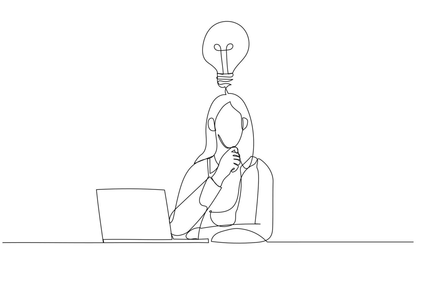 Drawing of thoughtful businesswoman think of online project looking at laptop at workplace. Single line art style vector