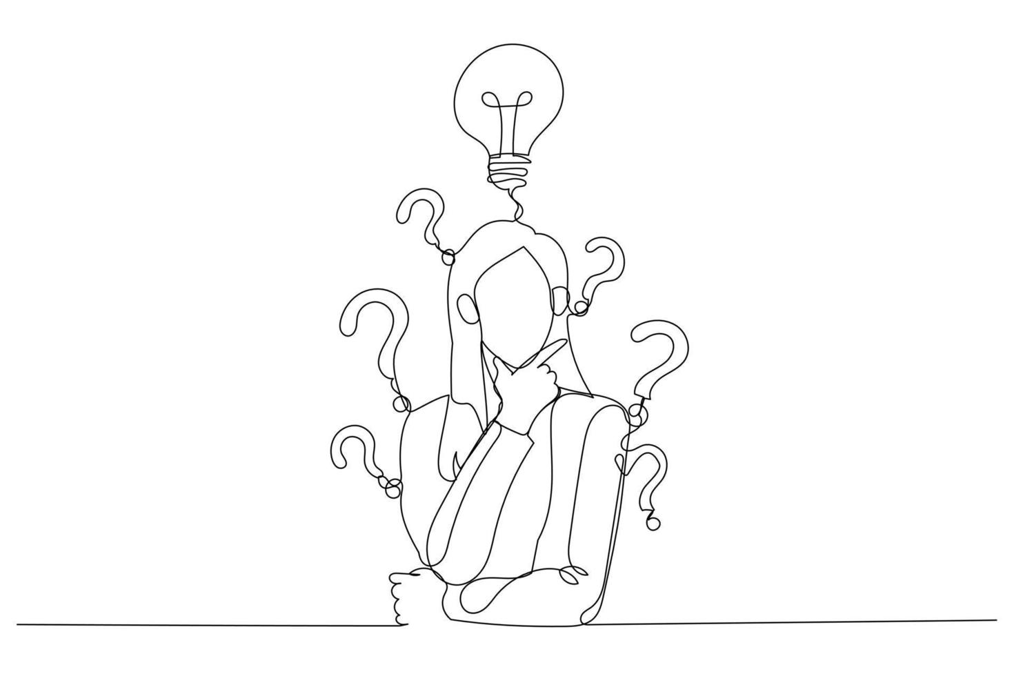 Drawing of businesswoman with question mark and lamp. One continuous line art style vector