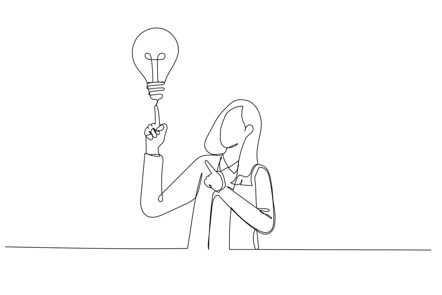 Cartoon of young businesswoman pointing with the index finger a great idea. Single continuous line art style vector