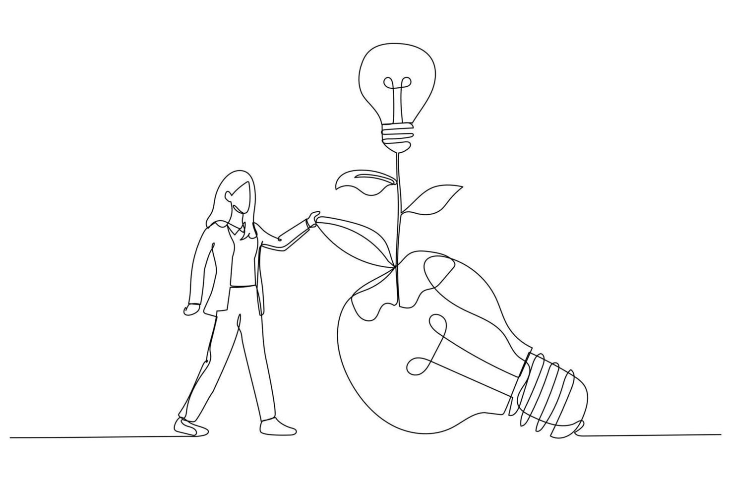 Cartoon of businesswoman look at seedling bright lightbulb idea plant grow from broken one. Continuous line art vector