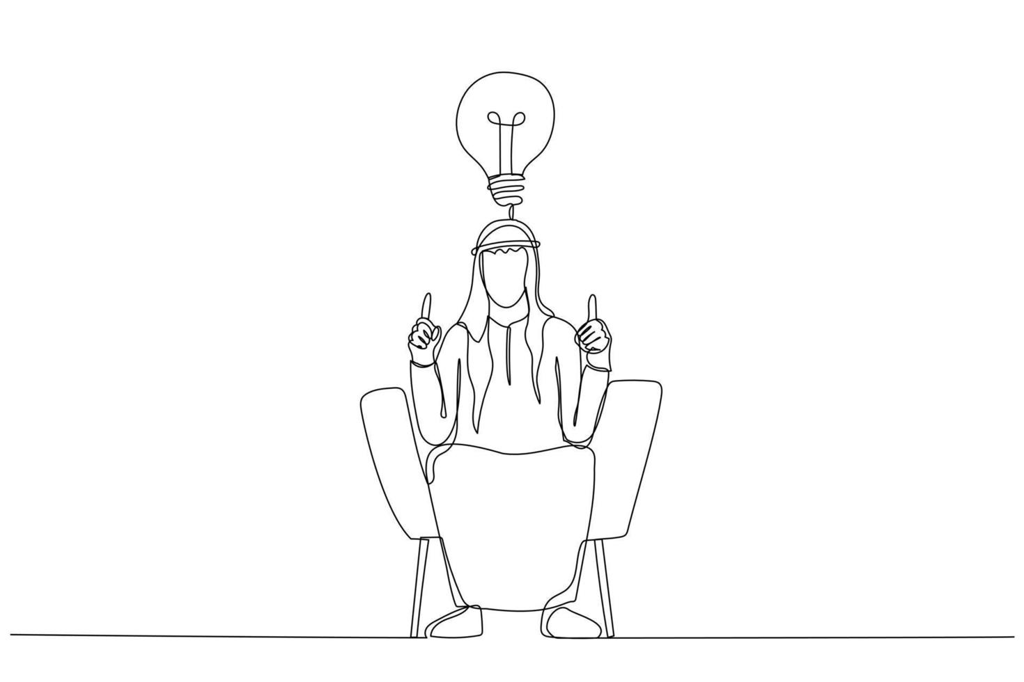 Cartoon of arab businessman having creative idea gesturing eureka with both hands. Single line art style vector