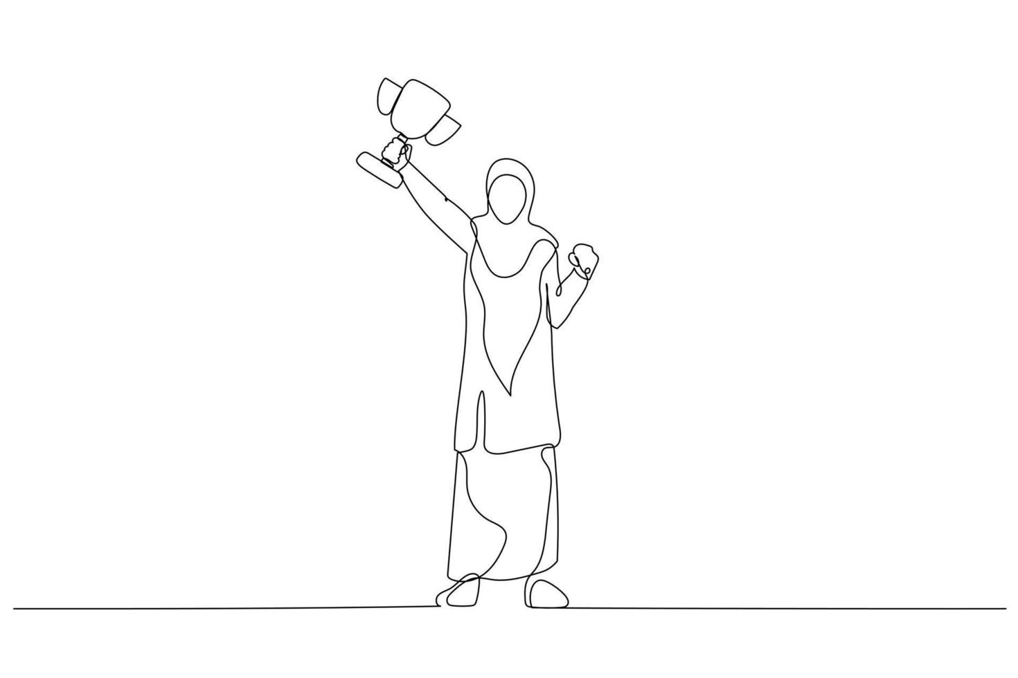 Illustration of muslim businesswoman gesturing fists up holding gold cup winning and success. Continuous line art style vector