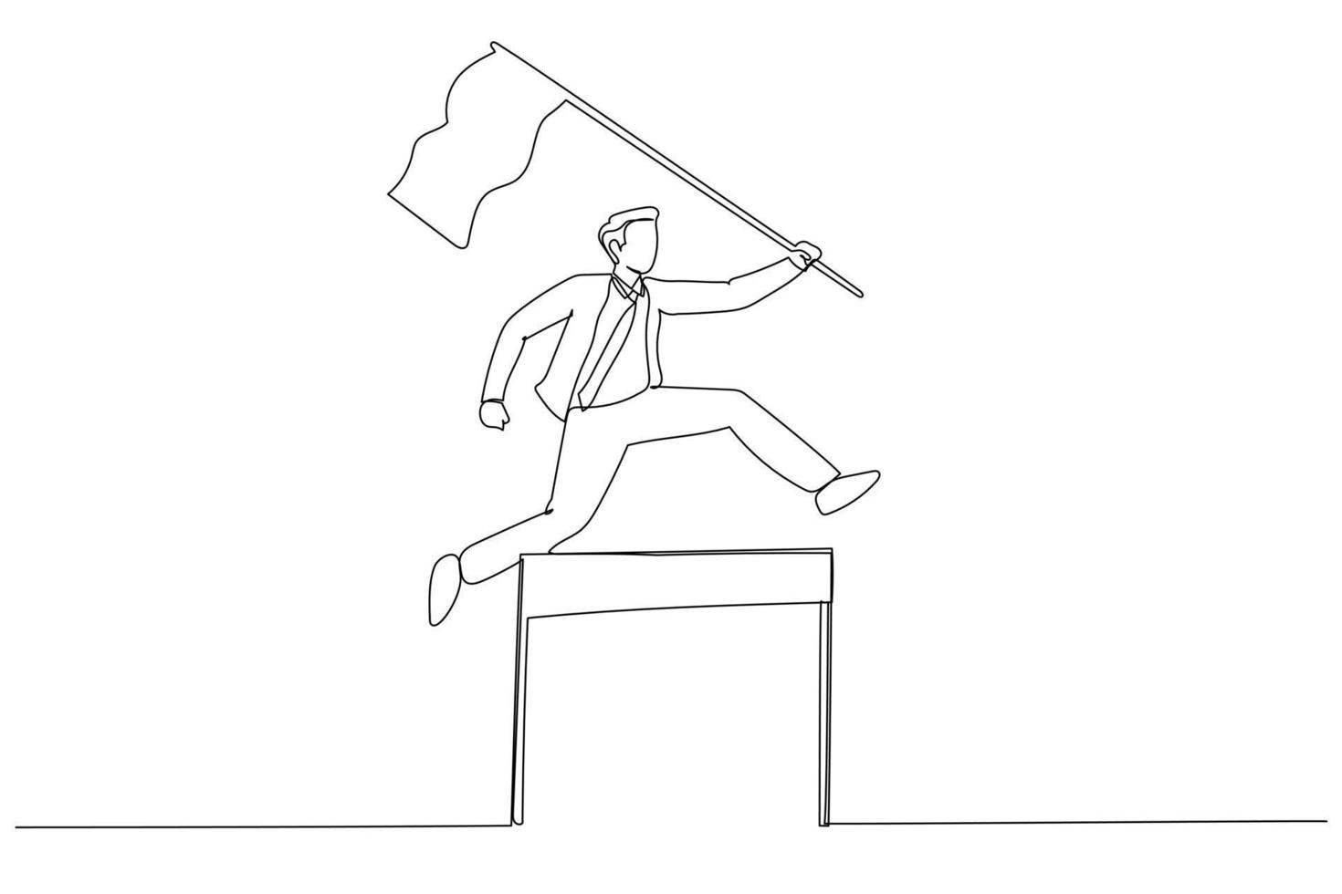 Illustration of businessman competing in race holding a leader flag jumping over obstacle concept of determination. Single line art style vector