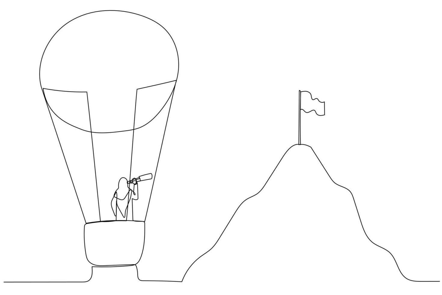 dibujo de mujer de negocios musulmana en globo volando hacia la montaña con el concepto de bandera de objetivo. arte de estilo de una línea vector