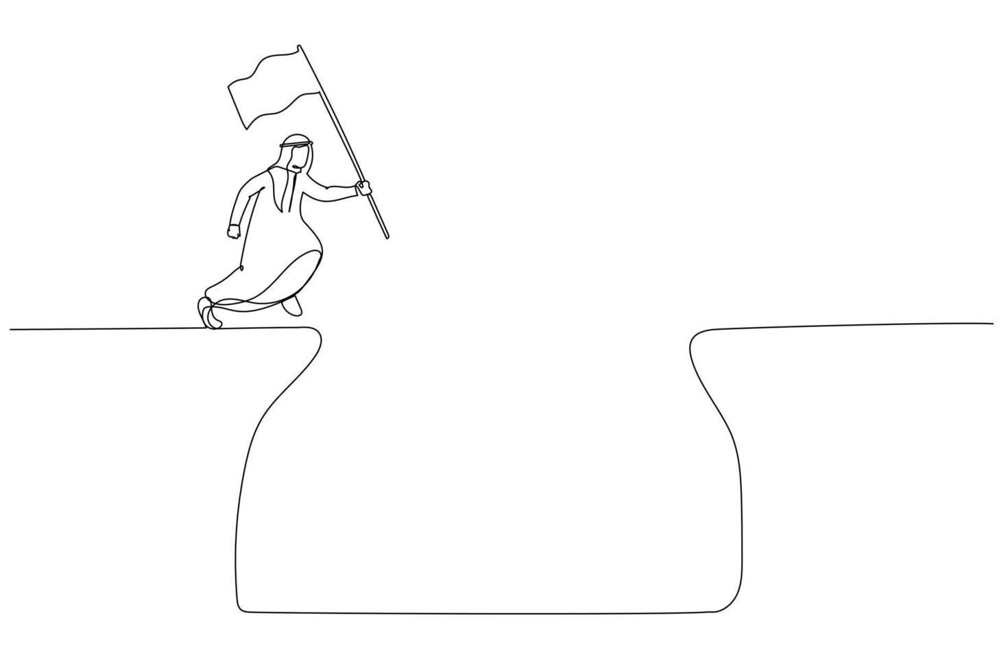 Illustration of arab man jump over cliff gap to achieve business target concept of determination. Single line art style vector