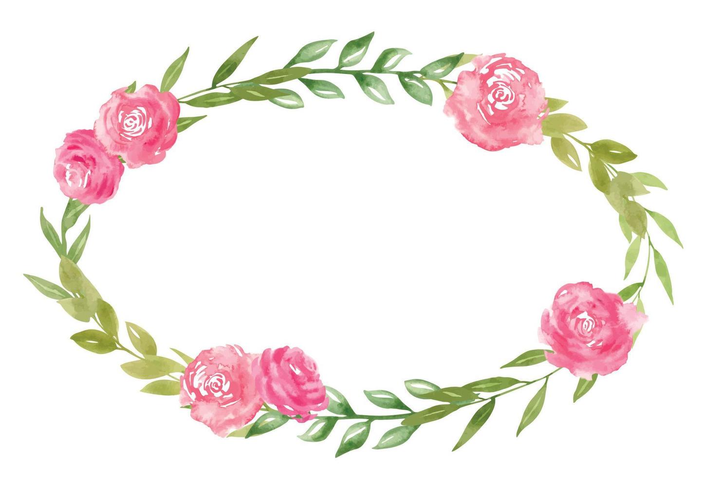 Watercolor Floral elliptical Wreath with pink abstract Rose Flowers and green branches with leaves. Hand drawn illustration for wedding invitations or greeting cards. Botanical isolated Frame vector