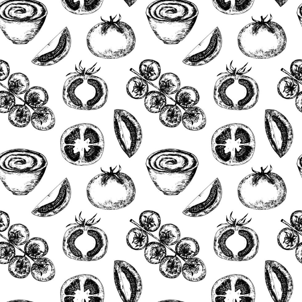Tomatoes vector graphic seamless pattern. Black and white tomato pattern on white background.