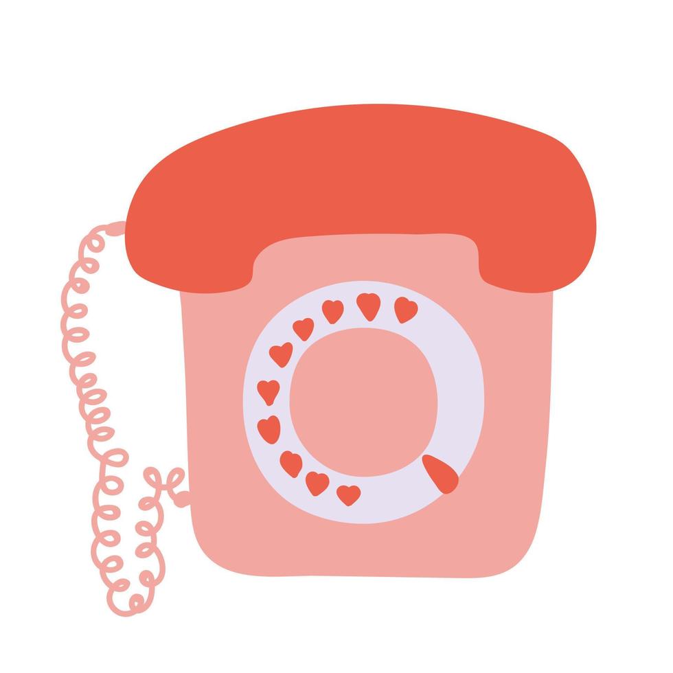 Hand drawn cartoon telephone illustration. Vintage home phone in pastel pink and red colors. Lovely sketch with hearts. vector