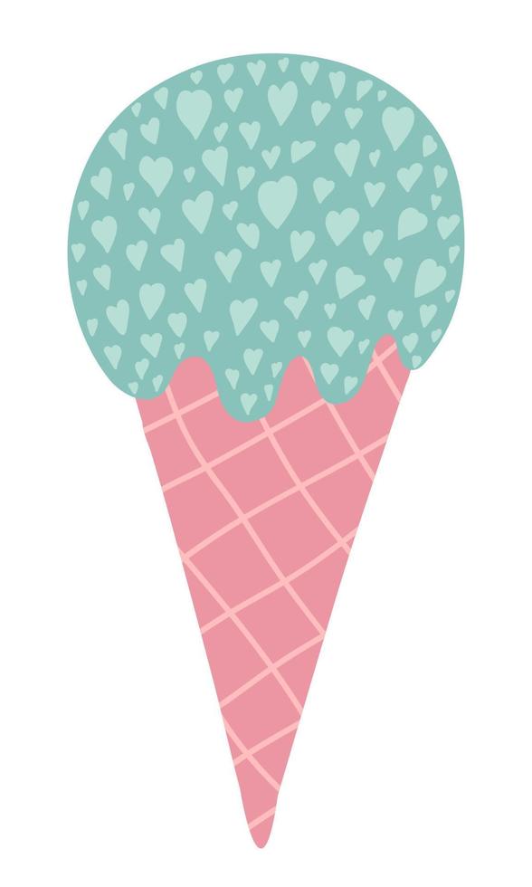 Vector ice cream in waffle cone. Pastel ice cream with many tiny hearts. Hand drawn cartoon doodle food sketch isolated on white background. Lovely vector illustration.