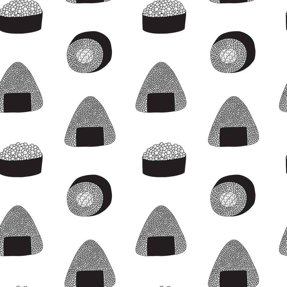 Vector sushi and rolls with fish seamless pattern. Hand drawn sushi and sashimi print on white background