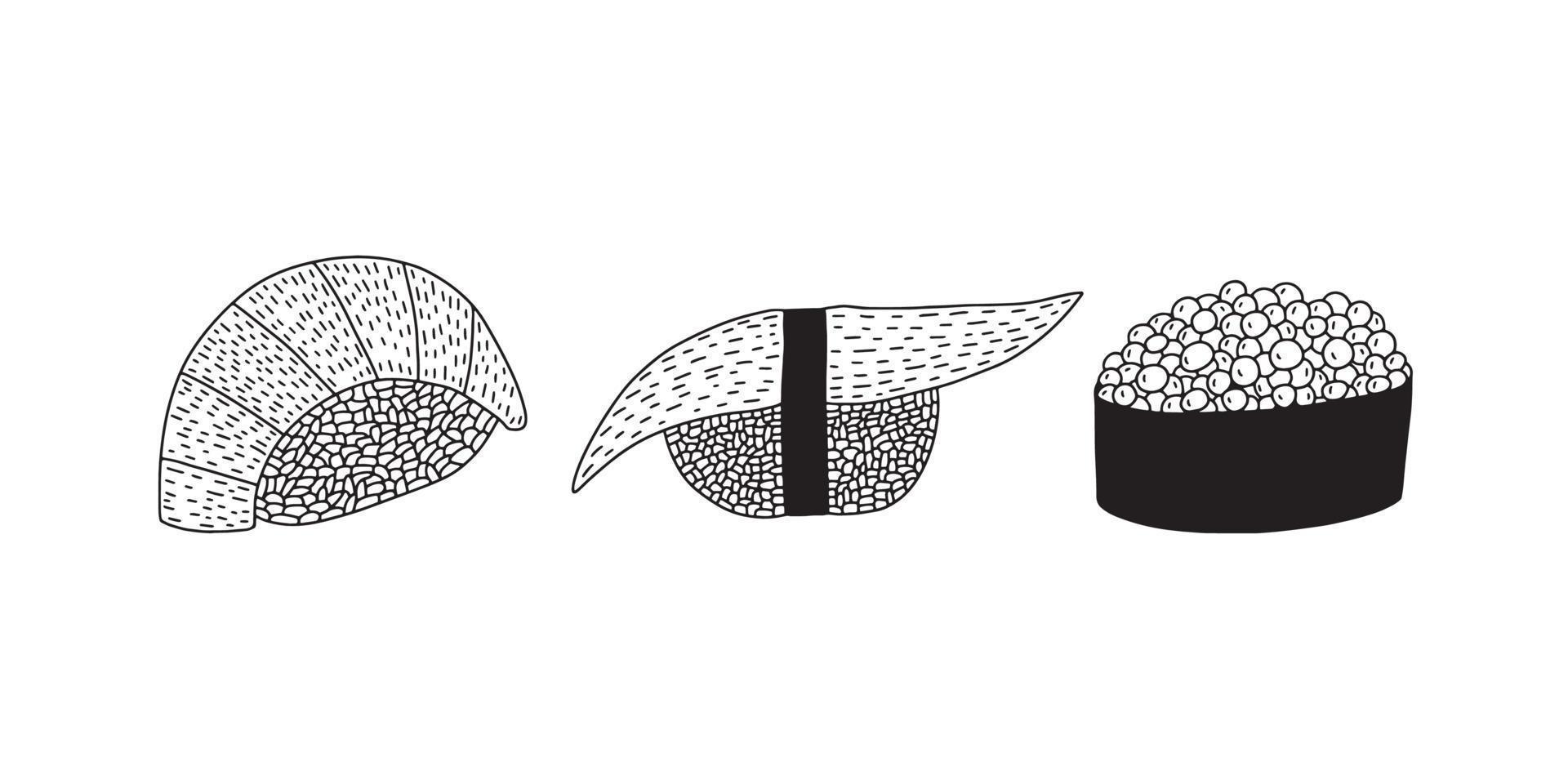 Black and white sushi vector set. Japanese and Chinese traditional sushi and sashimi set