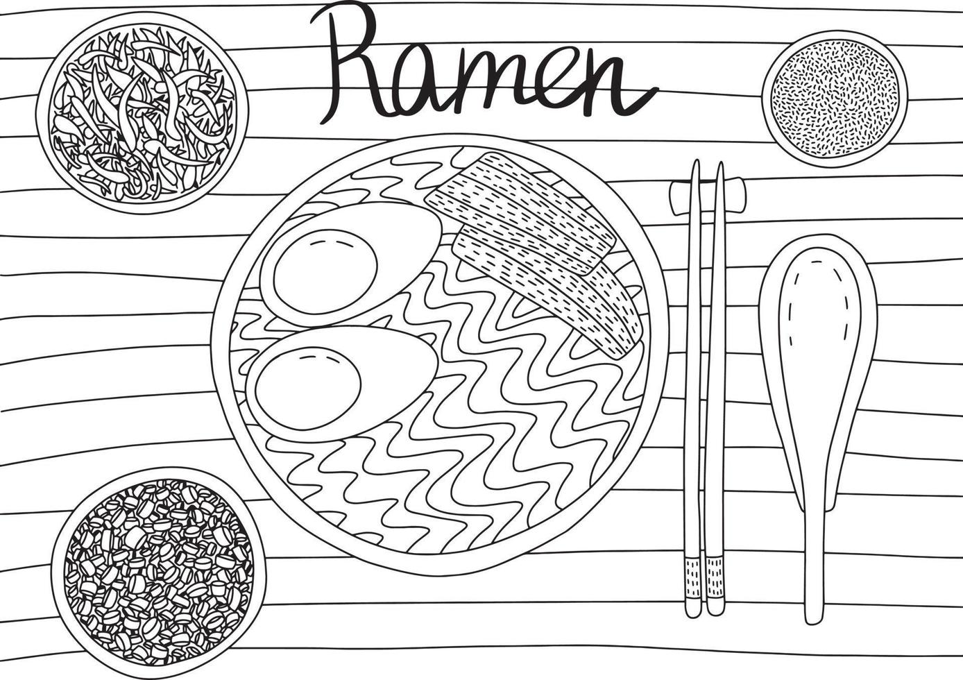 Vector asian traditional dish ramen top view. Hand drawn ramen dish table view sketch