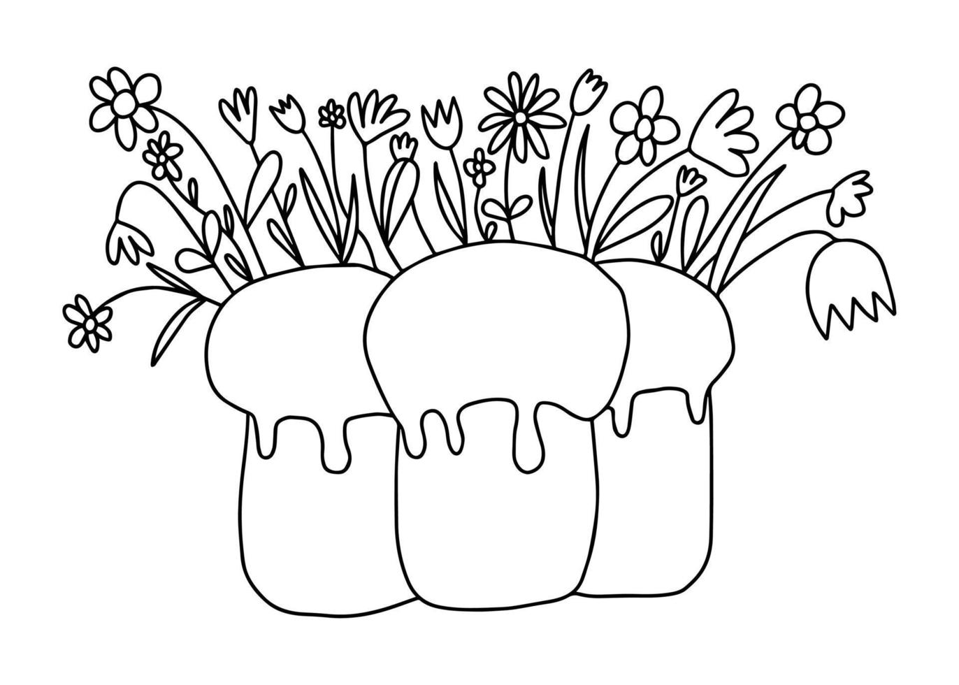 Happy Easter coloring page. Doodle Easter greeting card with cakes and flowers vector