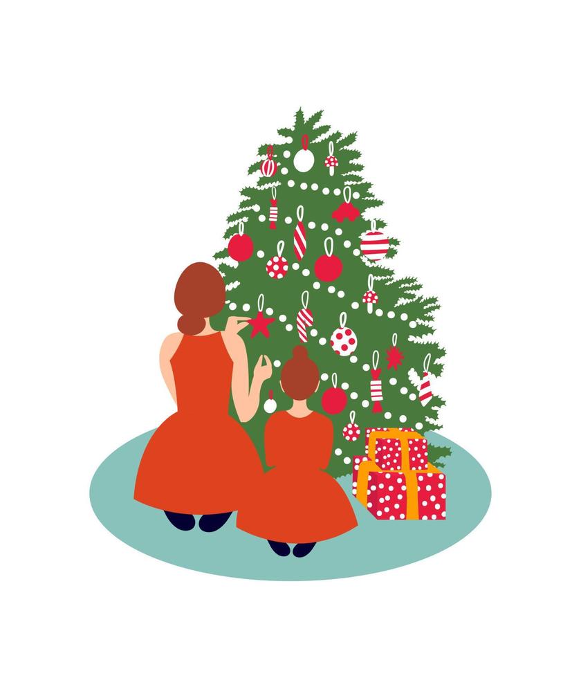 Mother and daughter sitting and decorating Christmas tree. Pastel pink colors. Christmas greeting card vector. Cartoon vector illustration.