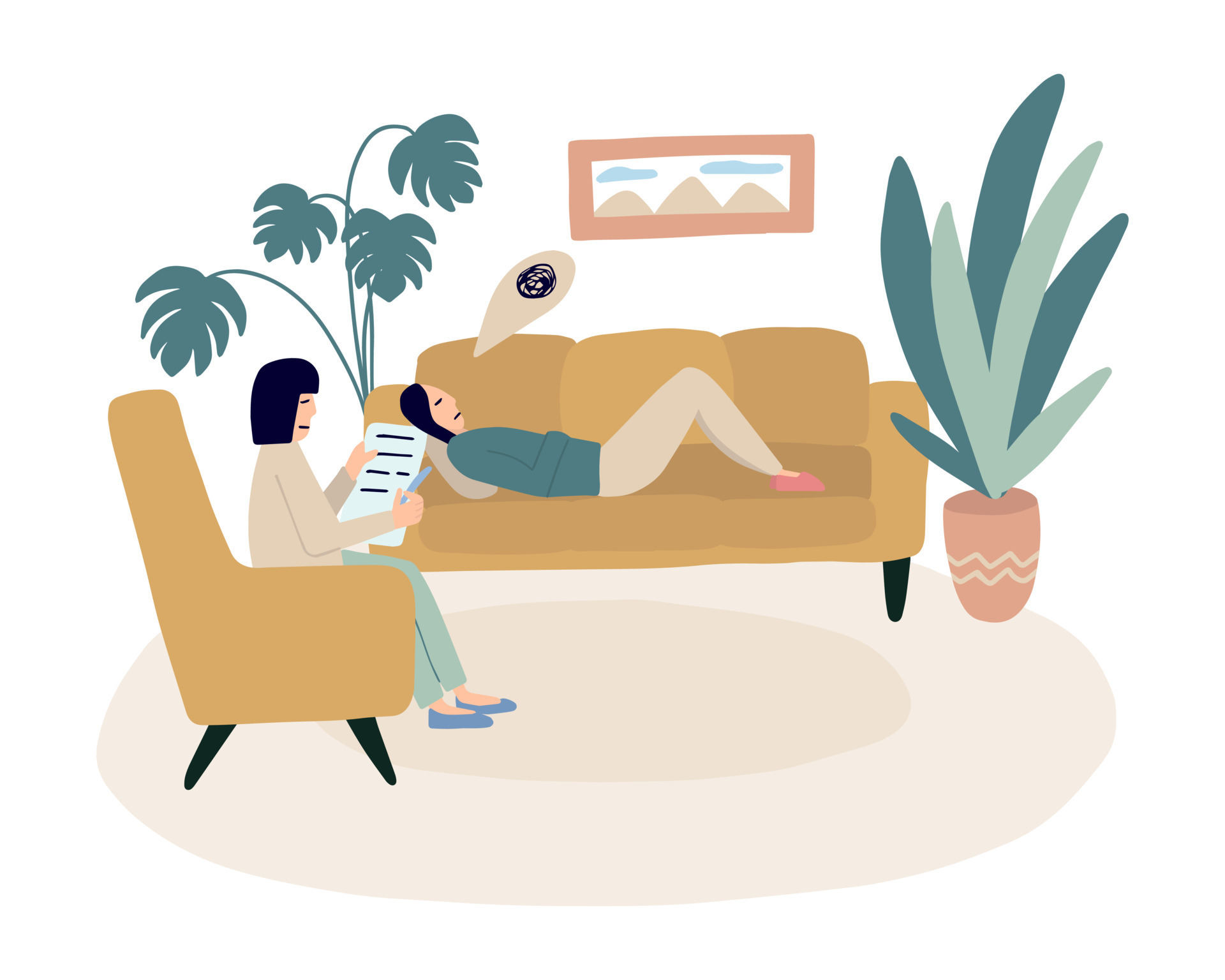 Psychological therapy session vector illustration. Woman lying on the couch and psychologist