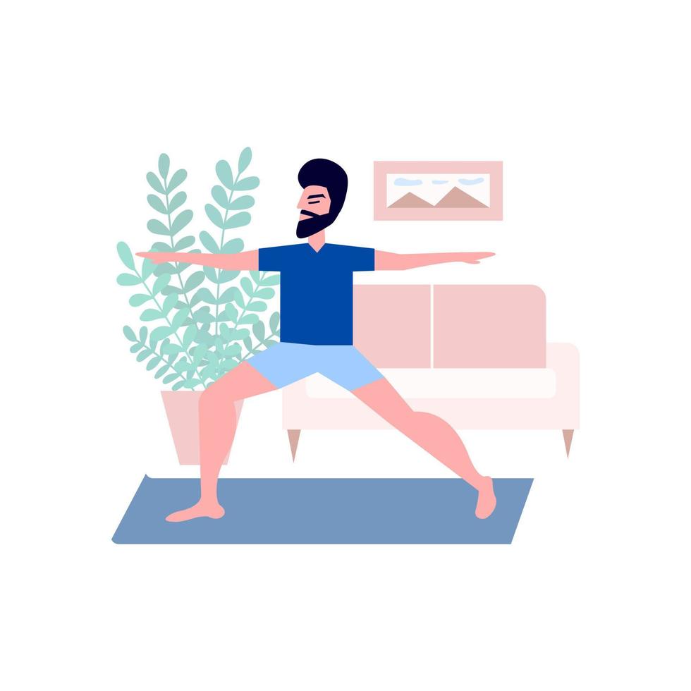 Man doing yoga exercise at home. Man with beard doing yoga pose in home interior vector