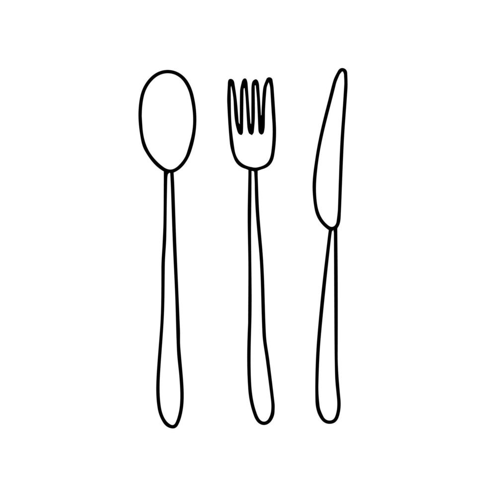 Juego de cubiertos ecológicos doodle. cuchillo, tenedor, cuchara cubertería de cocina ecológica de bambú. vector