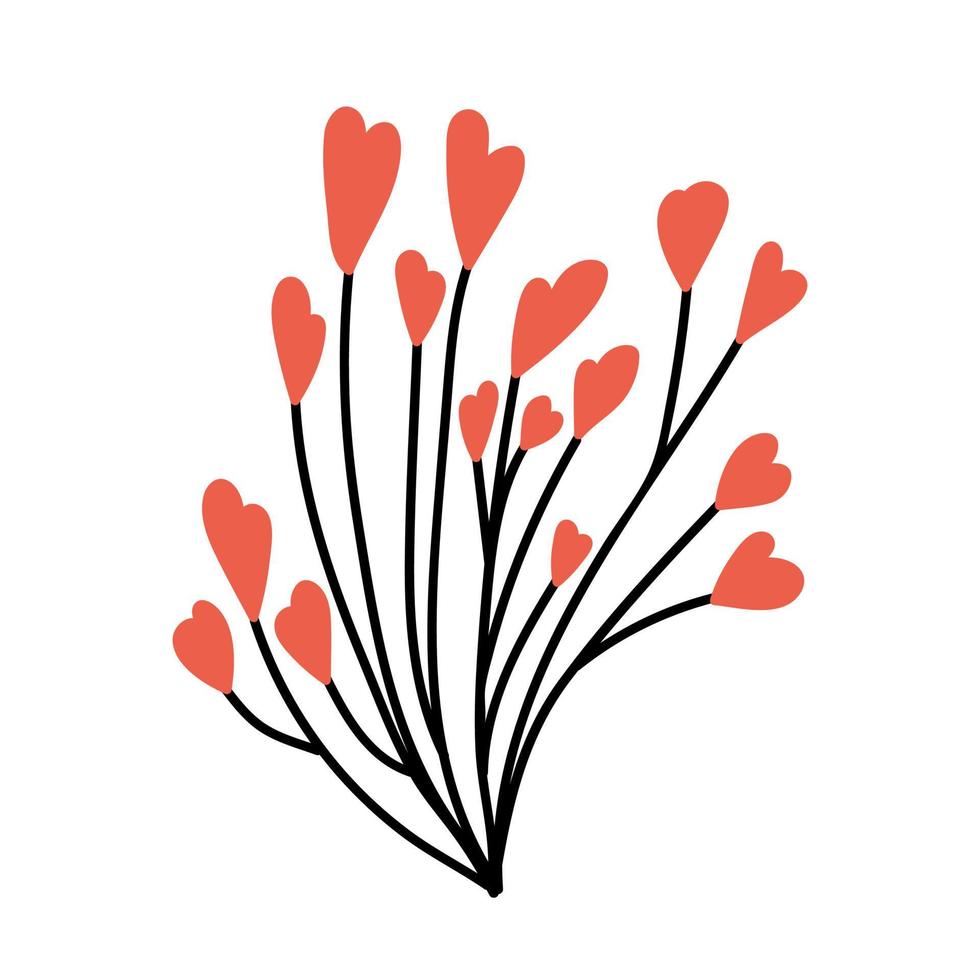 Heart flower bush illustration. Hand drawn Valentine's Day plant with lots hearts. Lovely red flower isolated on white background. Vector stock illustration.