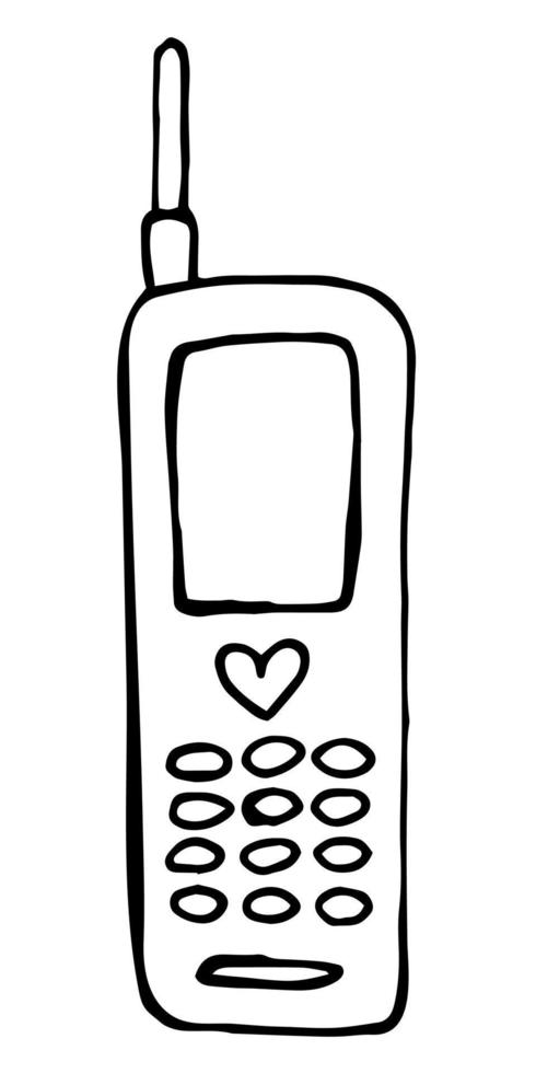 Vintage mobile phone sketch. Retro push-button telephone with heart in doodle style. vector