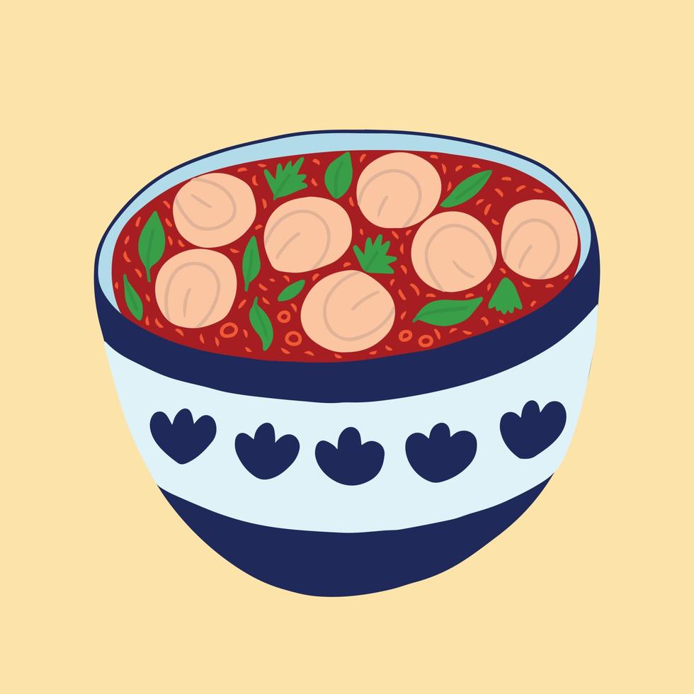 Vector Uzbek chuchvara soup in bowl hand drawn sketch