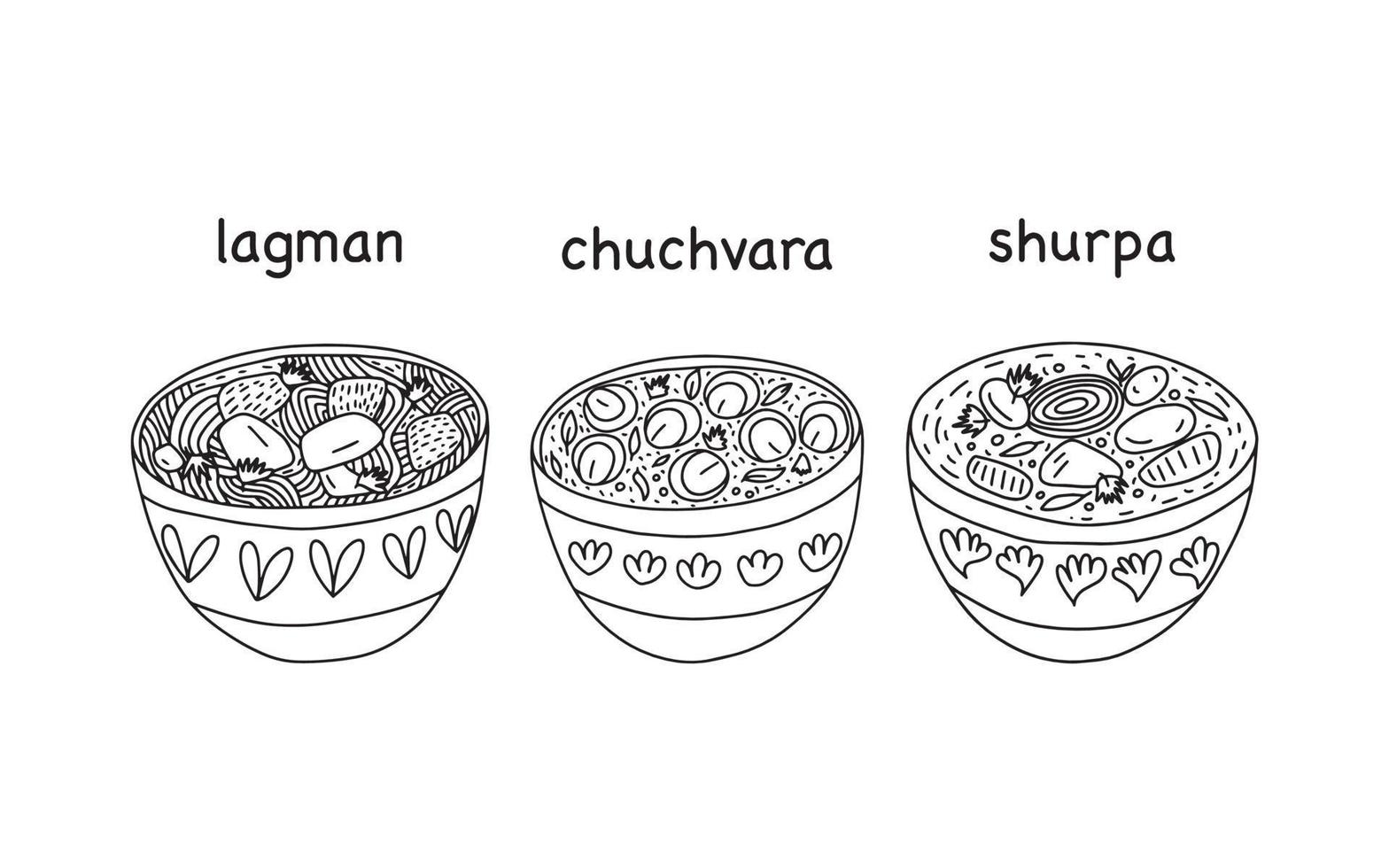 conjunto vectorial de sopas de cocina de Asia central. lagman, chuchvara y shurpa en tazón de sopas vector