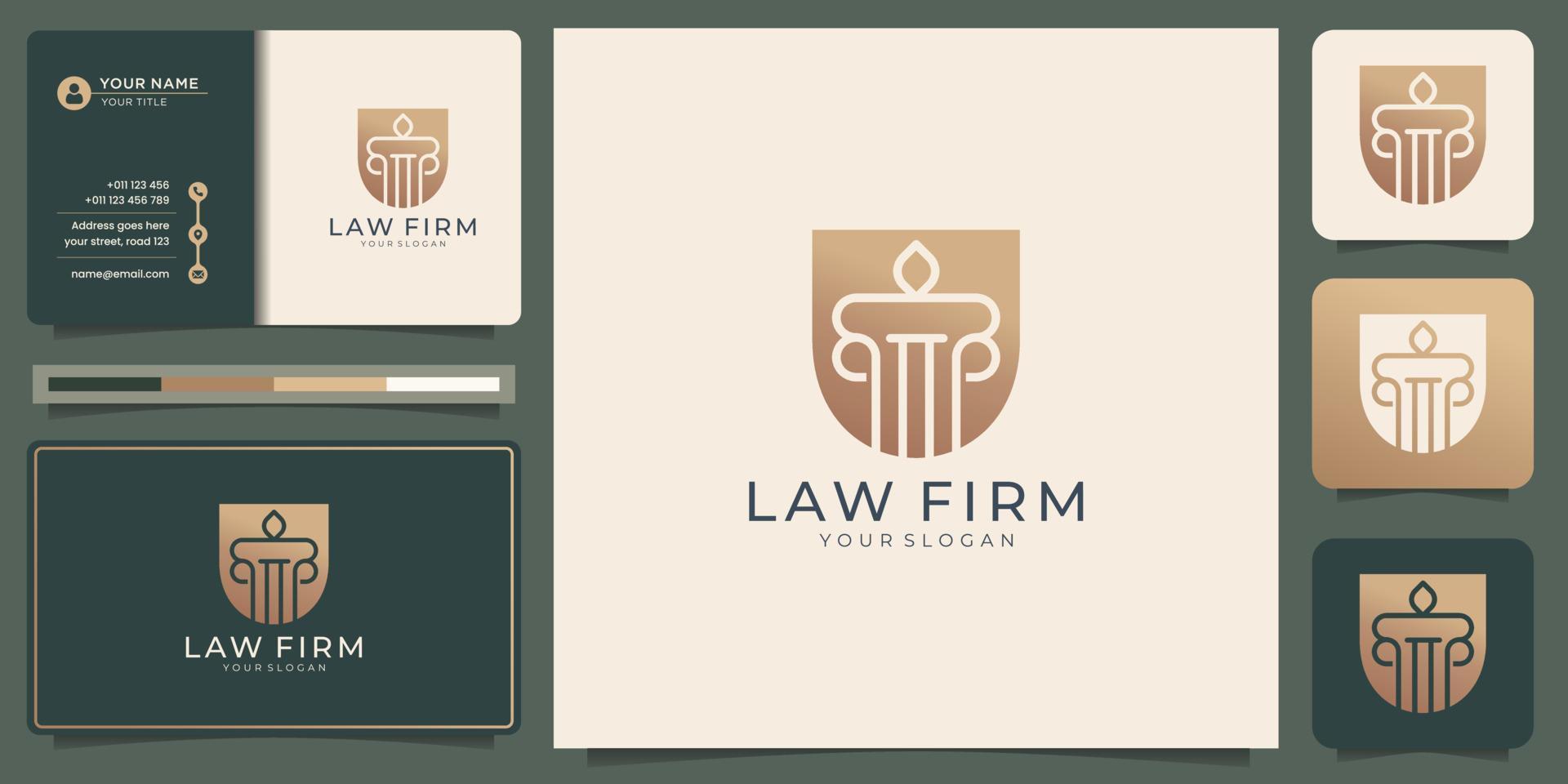 logotipo de bufete de abogados y plantilla de tarjeta de visita dorada. El logotipo se puede utilizar como marca, identidad, consultoría. vector