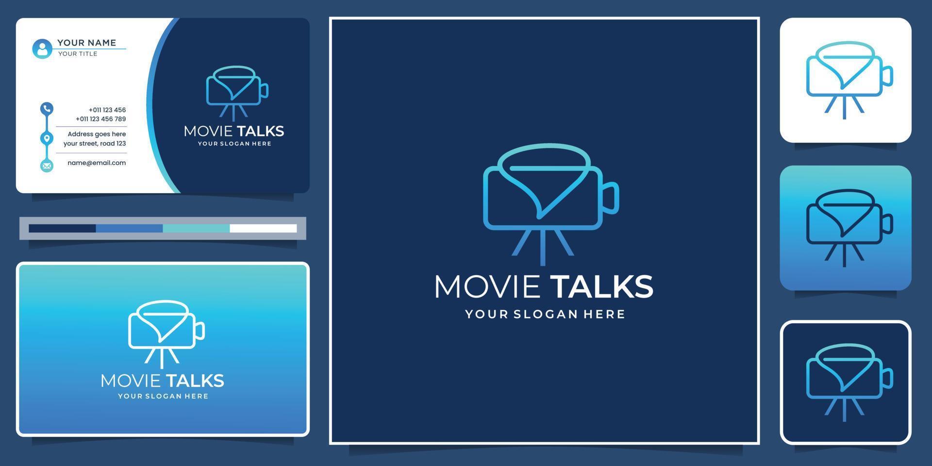 minimalist movie camera logo production combine chat talk symbol creative concept with business card vector