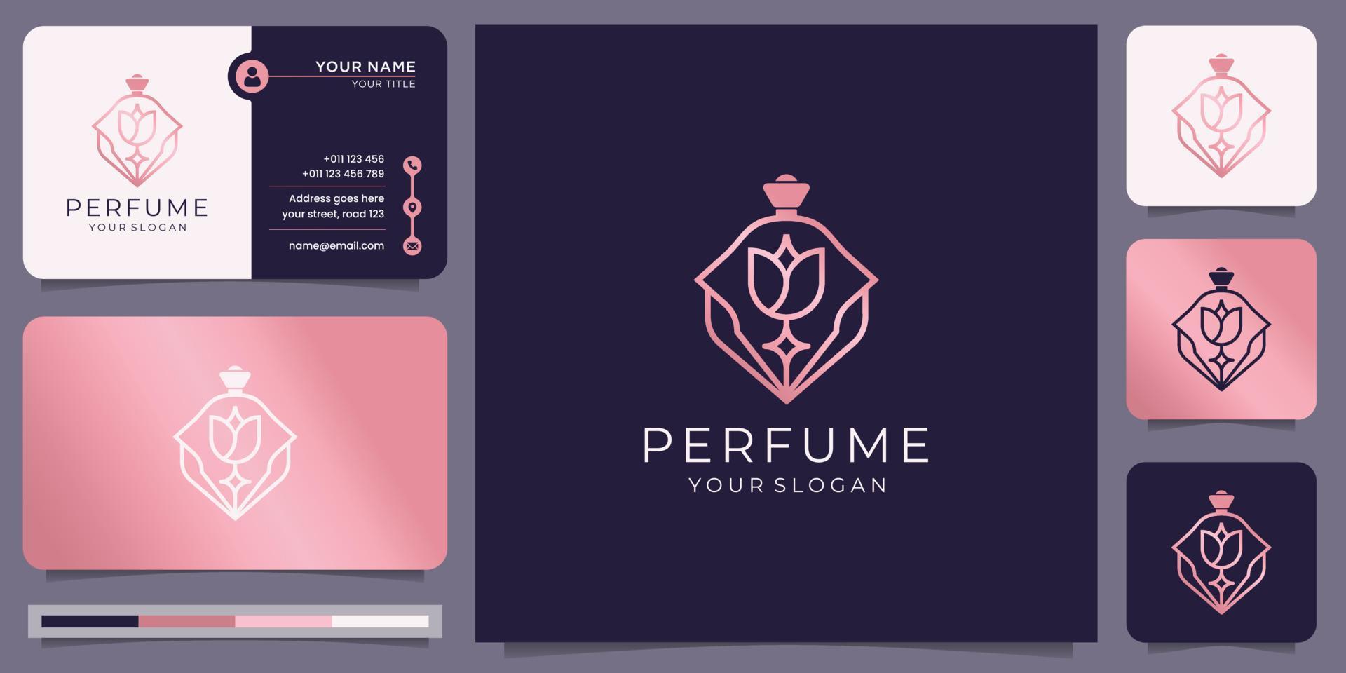 creative rose gold perfume logo template. luxury bottle perfume logo and business card design. vector