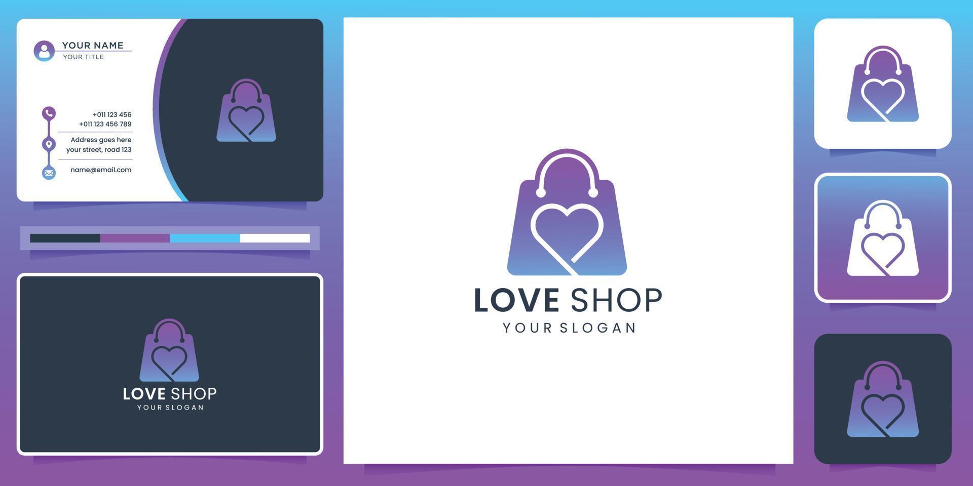 modern love line silhouette logo and shop bag design with gradient color and business card template. vector