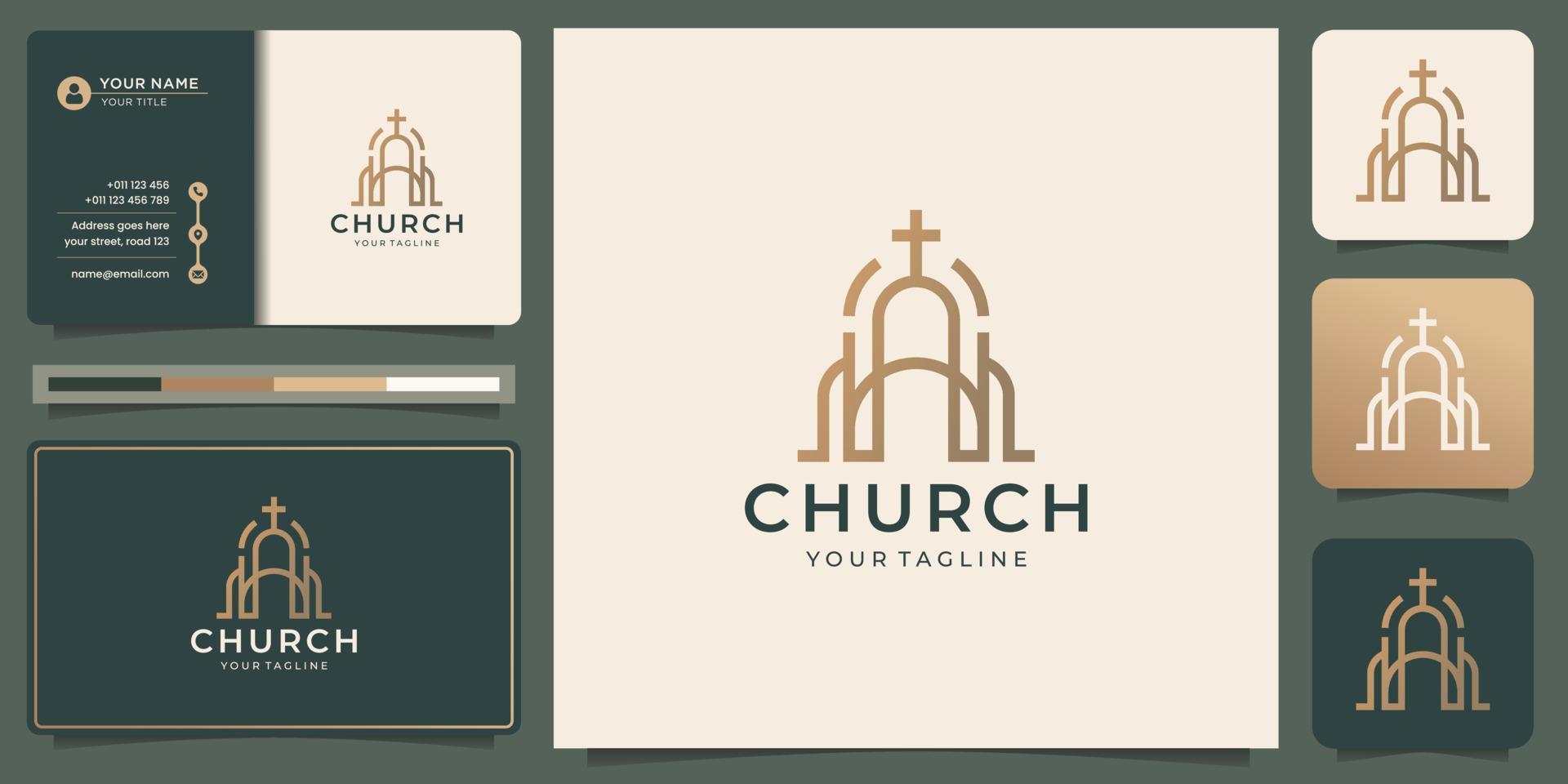 diseño de logotipo de símbolo cristiano de iglesia de arte de línea minimalista con plantilla de tarjeta de visita. vector premium