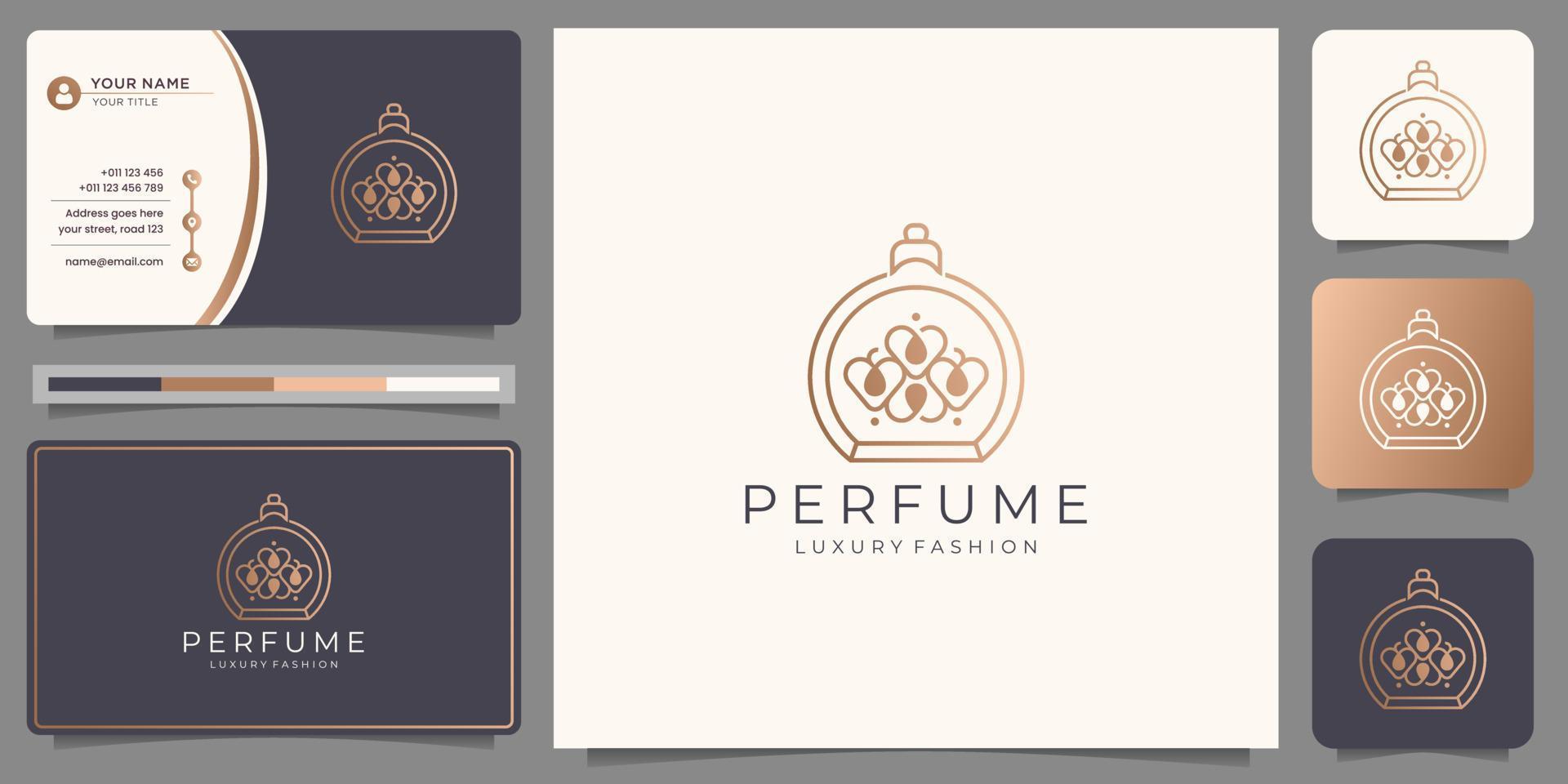 diseño de lujo para plantilla de logotipo de perfume. estilo de concepto geométrico con color dorado y tarjeta de visita. vector